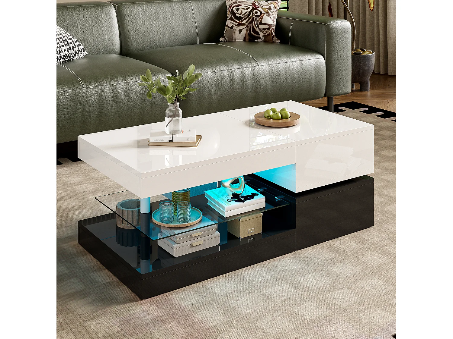 Table basse noire et blanche - Table basse moderne avec éclairage LED et étagères en verre - finition brillante