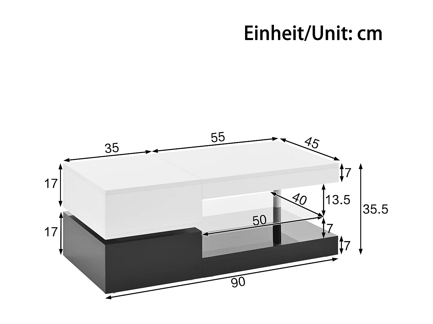 Table basse noire et blanche - Table basse moderne avec éclairage LED et étagères en verre - finition brillante
