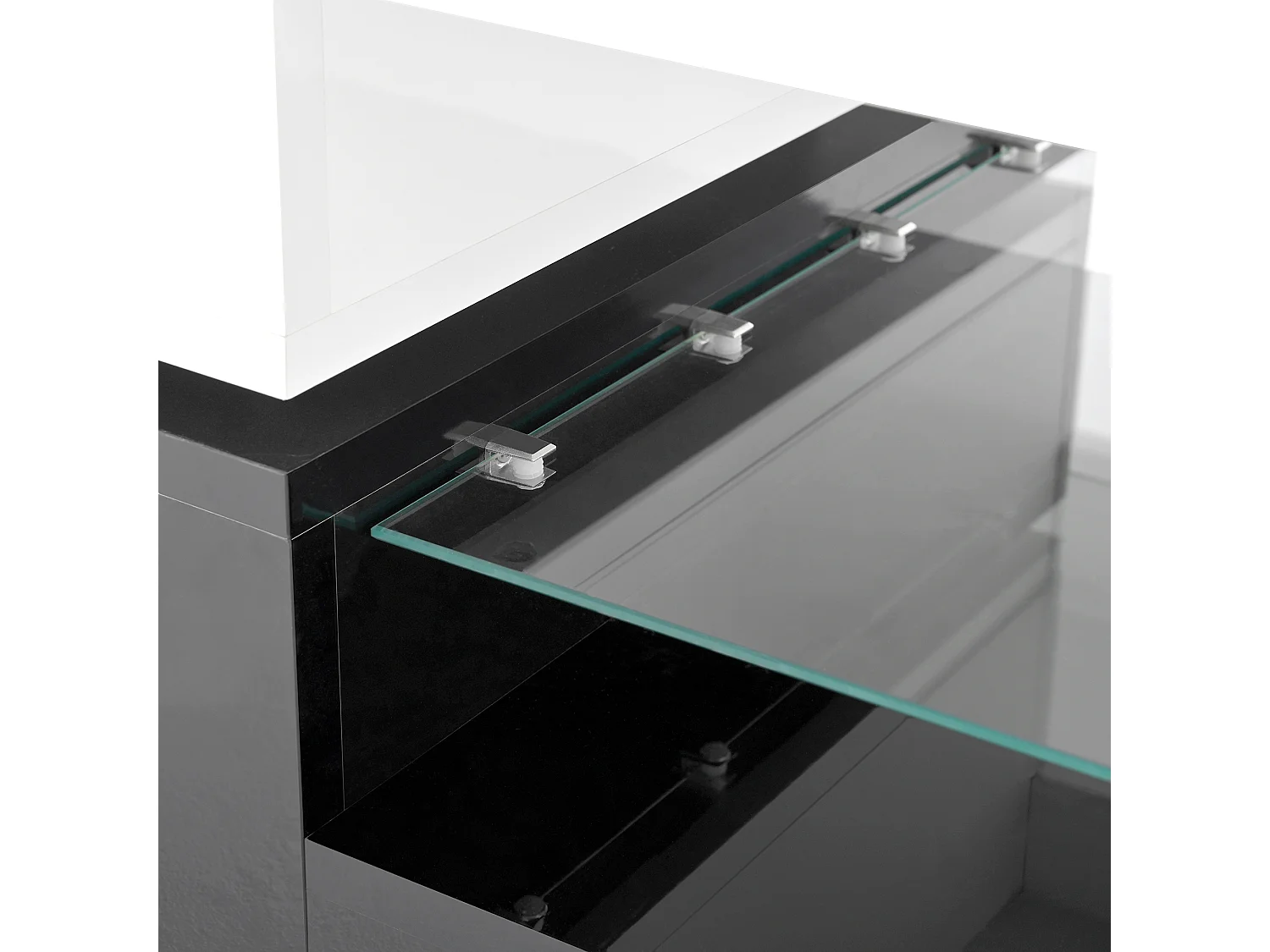 Table basse noire et blanche - Table basse moderne avec éclairage LED et étagères en verre - finition brillante