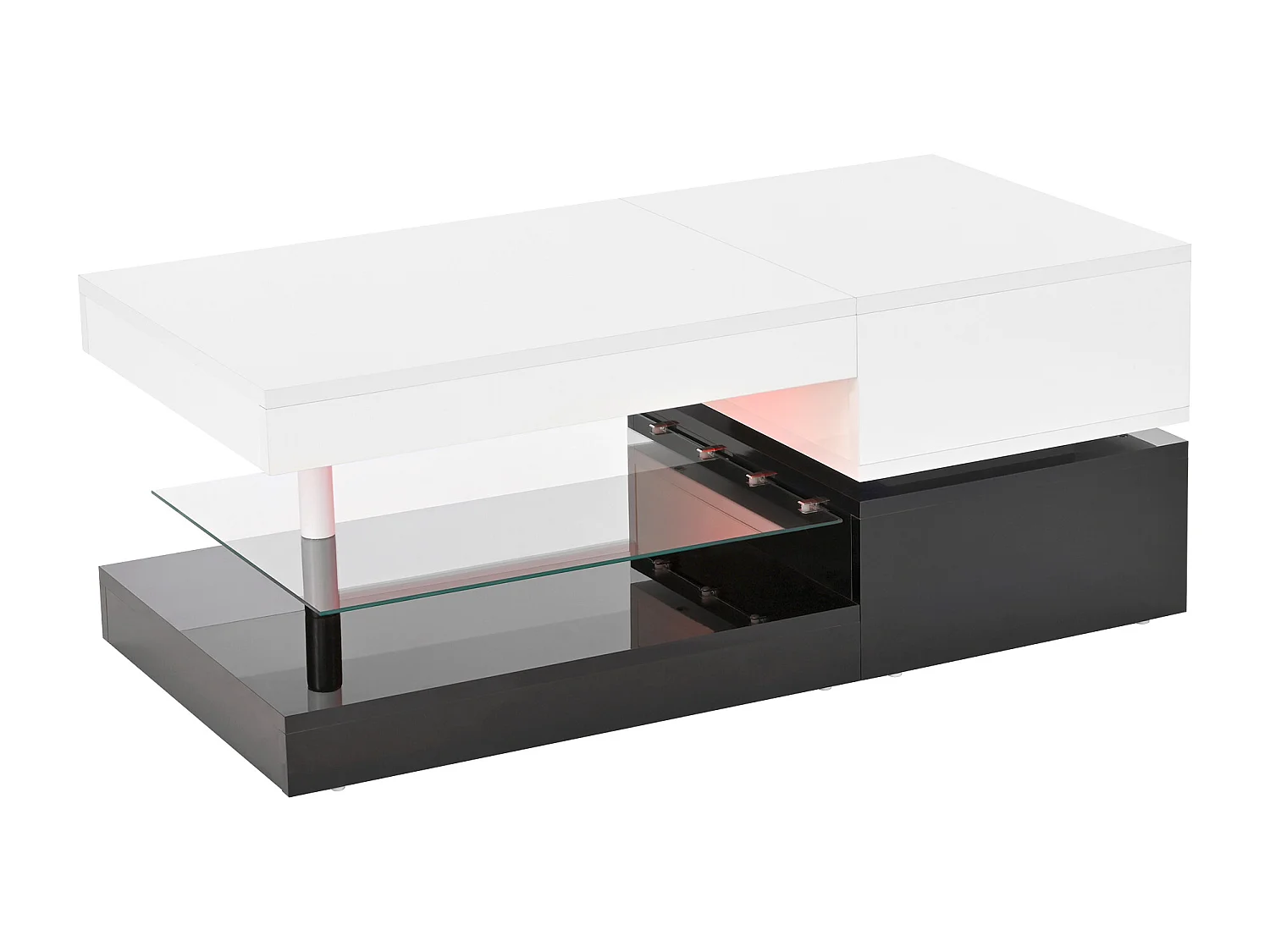 Table basse noire et blanche - Table basse moderne avec éclairage LED et étagères en verre - finition brillante