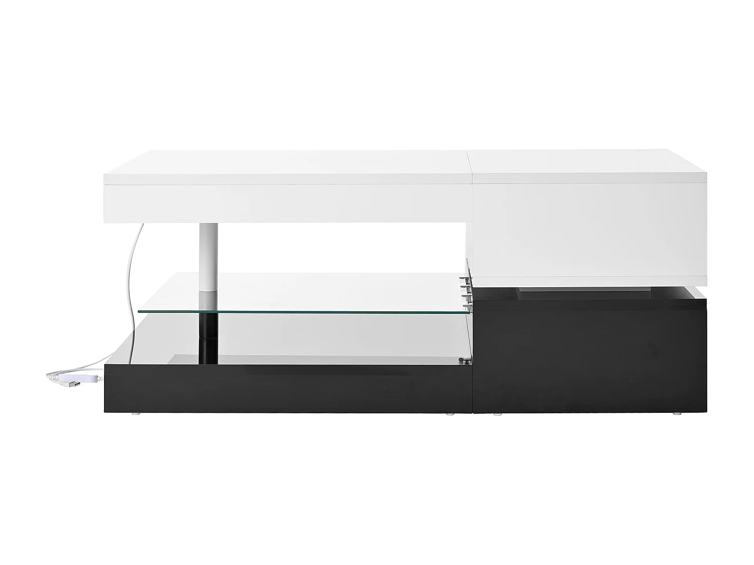 Table basse noire et blanche - Table basse moderne avec éclairage LED et étagères en verre - finition brillante