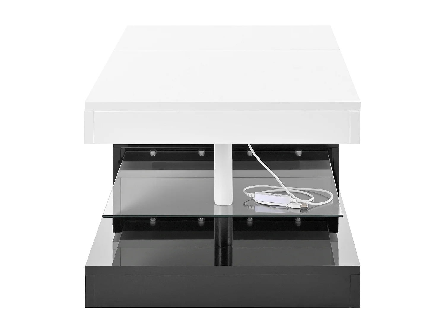 Table basse noire et blanche - Table basse moderne avec éclairage LED et étagères en verre - finition brillante