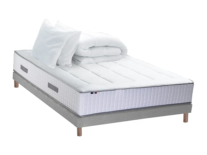 Ensemble matelas Ressort 7 zones + sommier + oreiller + couette - FABRICATION FRANCAISE Dimensions - 140 x 190 cm