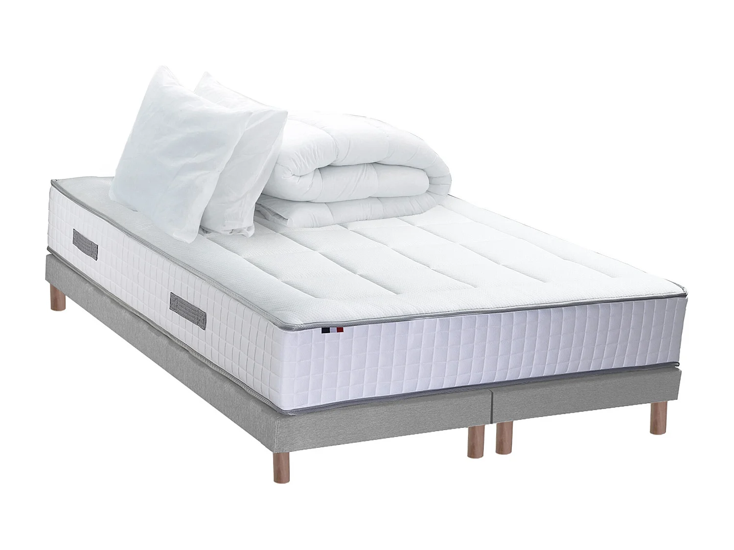 Ensemble matelas Ressort 7 zones + sommier + oreiller + couette - FABRICATION FRANCAISE Dimensions - 2x90 x 200 cm