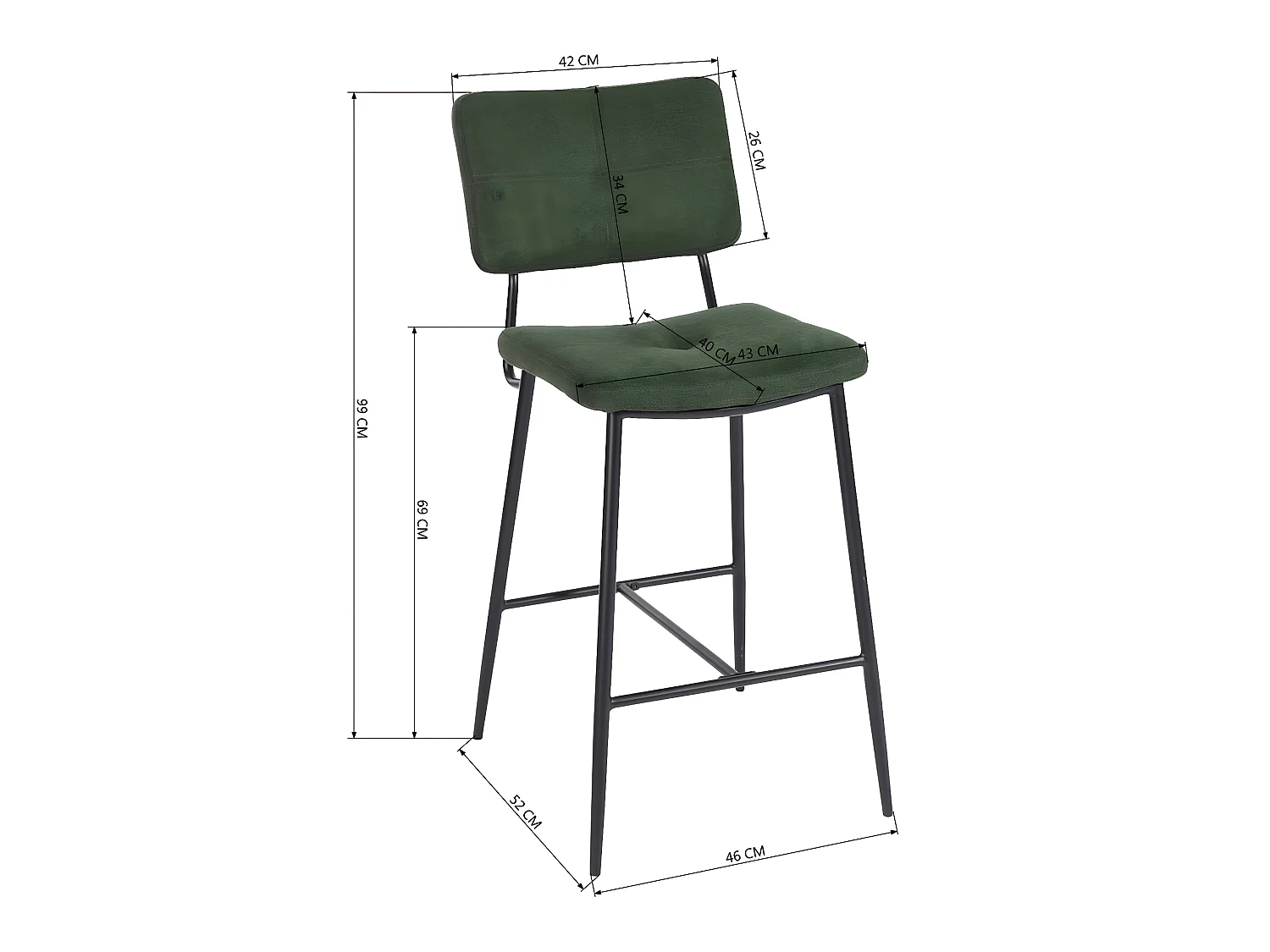 Lot de 2 tabourets de bar, style scandinave, revêtement en tissu vert, pieds en métal, hauteur d'assise 69 cm.