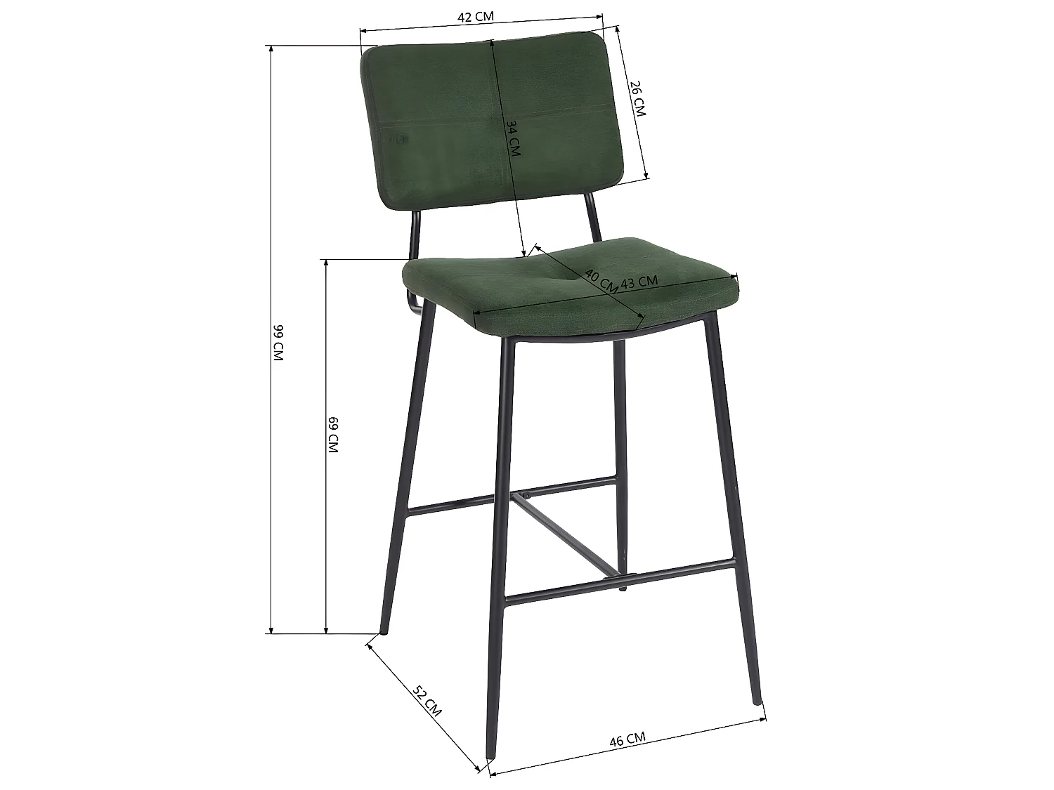 Lot de 2 tabourets de bar, style scandinave, revêtement en tissu vert, pieds en métal, hauteur d'assise 69 cm.
