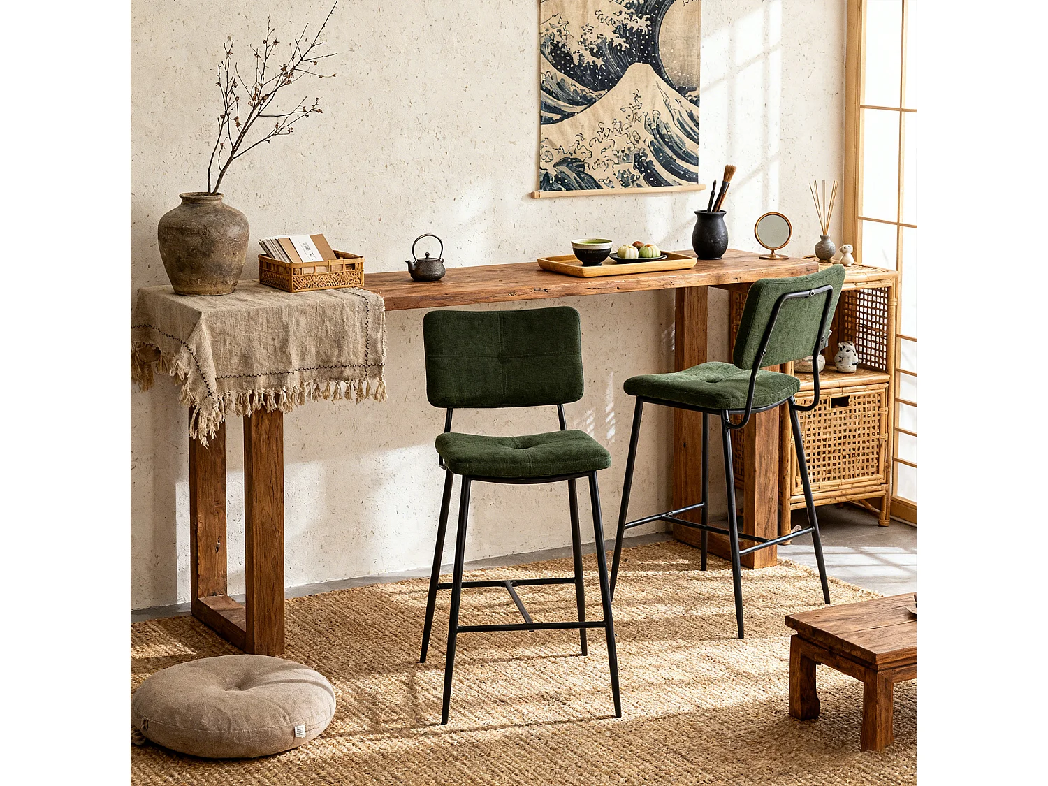 Lot de 2 tabourets de bar style industriel revêtement en tissu vert, INDEPENDENCE