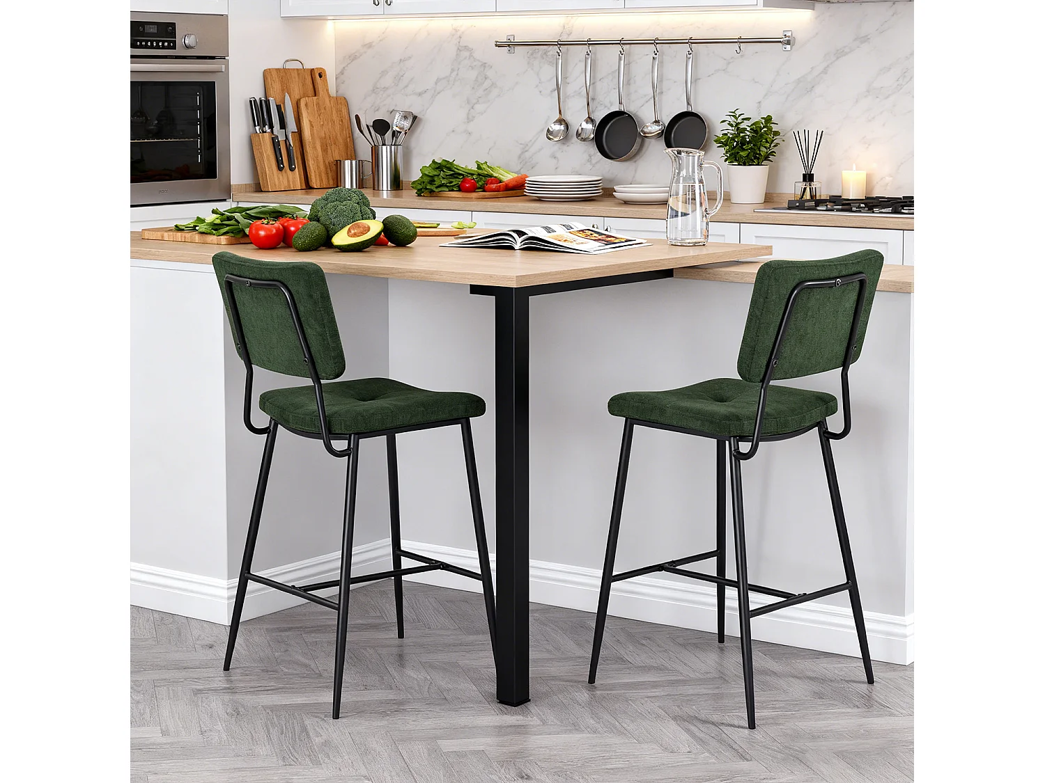 Lot de 2 tabourets de bar style industriel revêtement en tissu vert, INDEPENDENCE