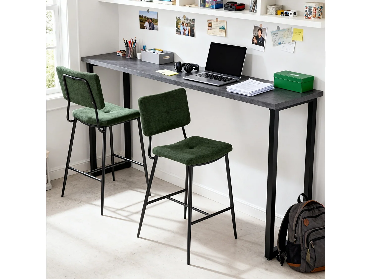 Lot de 2 tabourets de bar style industriel revêtement en tissu vert, INDEPENDENCE