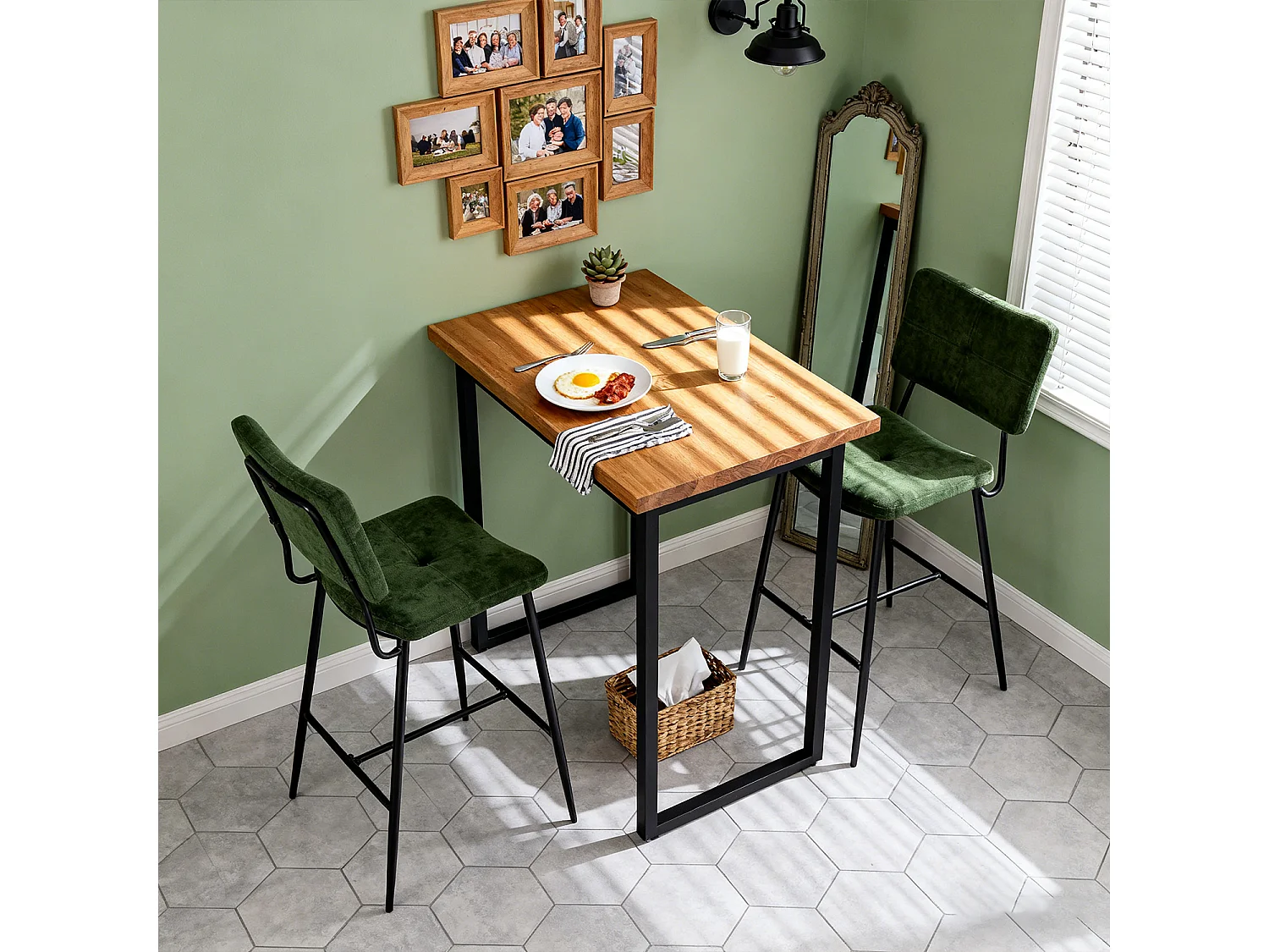 Lot de 2 tabourets de bar style industriel revêtement en tissu vert, INDEPENDENCE