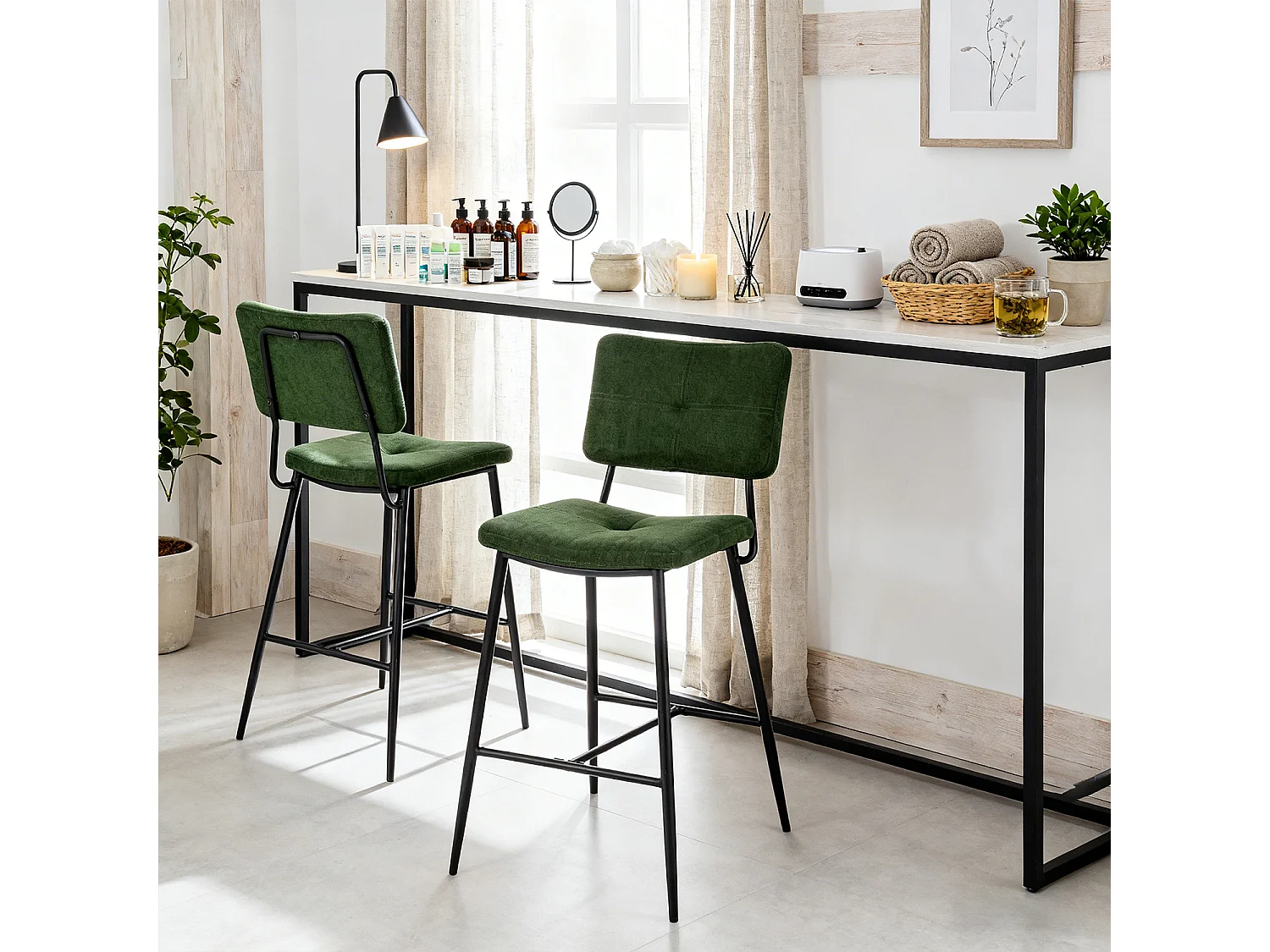 Lot de 2 tabourets de bar style industriel revêtement en tissu vert, INDEPENDENCE