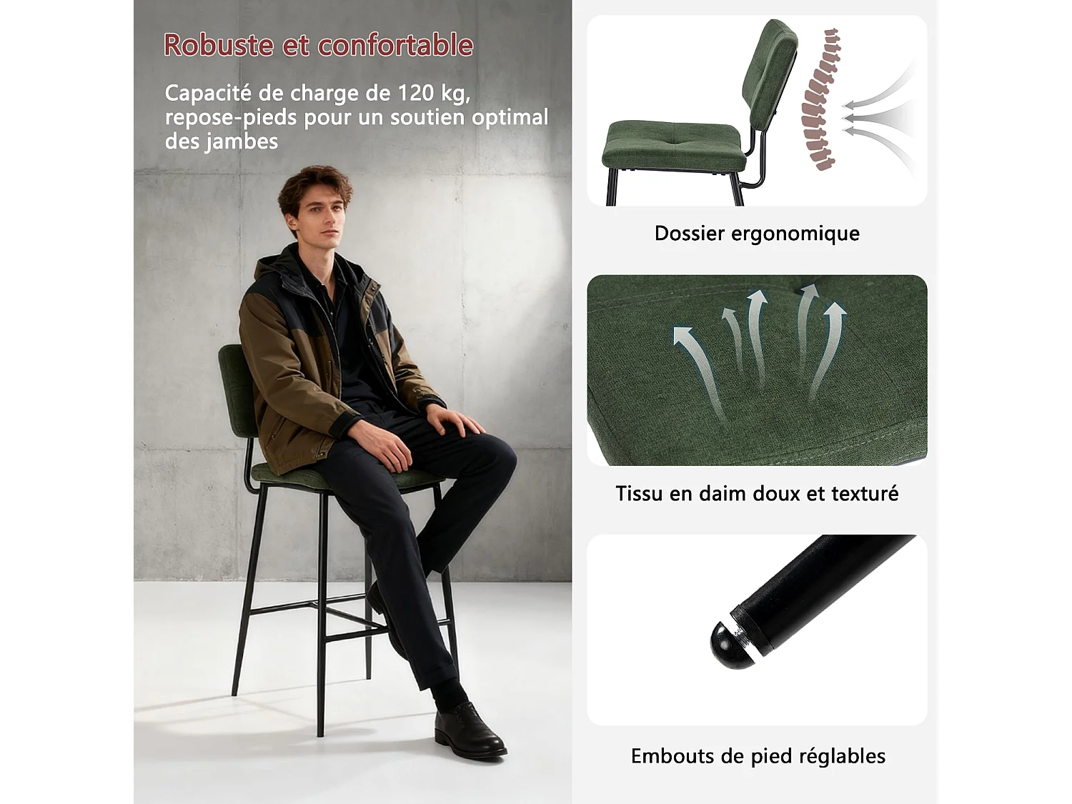 Lot de 2 tabourets de bar style industriel revêtement en tissu vert, INDEPENDENCE