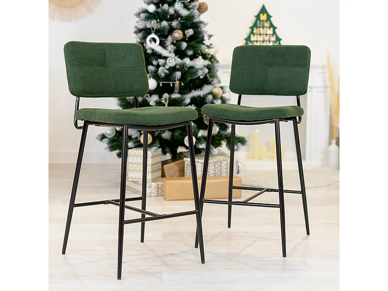 Lot de 2 tabourets de bar, style scandinave, revêtement en tissu vert, pieds en métal, hauteur d'assise 69 cm.
