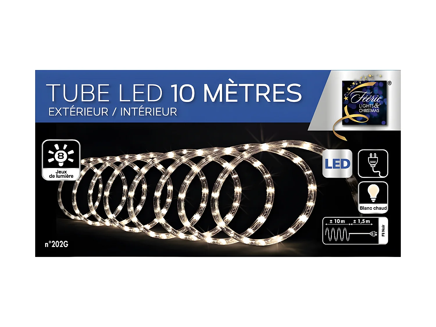 Guirlande Lumineuse Extérieur Tube 10 m 180 LED Blanc chaud 8 jeux de lumière