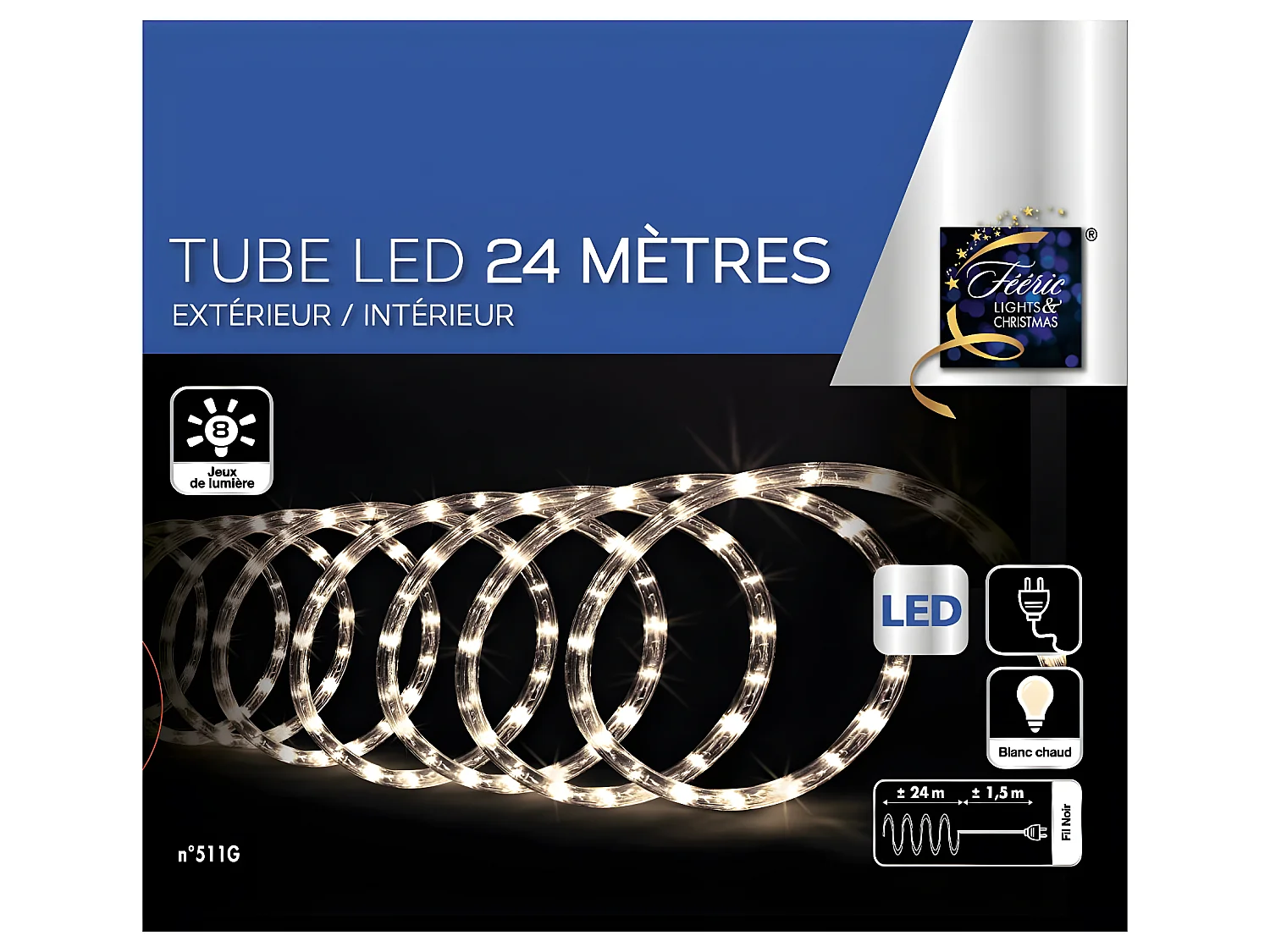 Guirlande Lumineuse Extérieur Tube 24 m 432 LED Blanc chaud 8 jeux de lumière