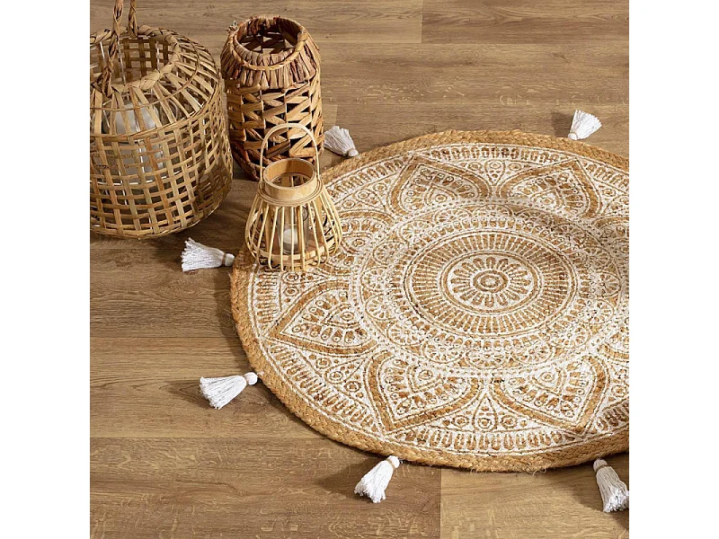 Tapis décoratif en Jute imprimée Blanc D 78 cm