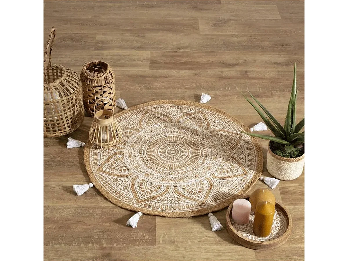 Tapis décoratif en Jute imprimée Blanc D 78 cm
