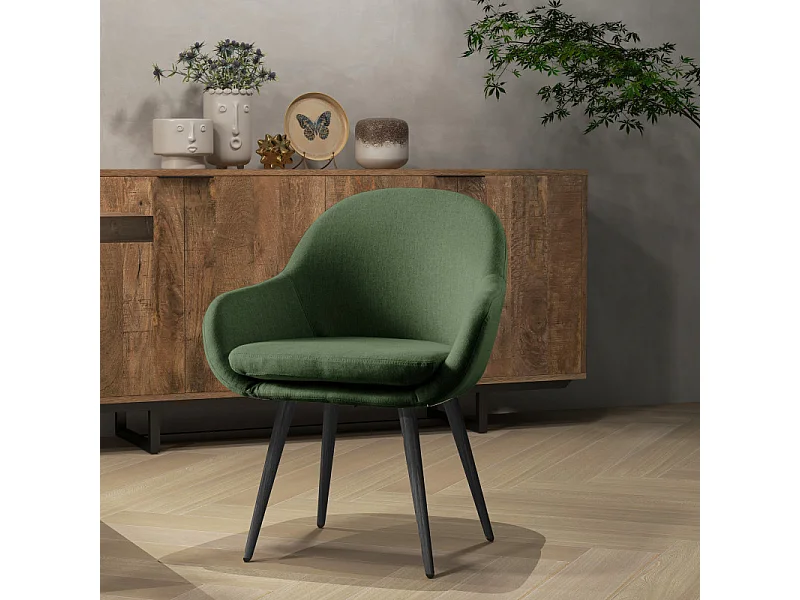 CANCUN-Chaise scandinave tissu vert forêt pieds métal noir (x2)