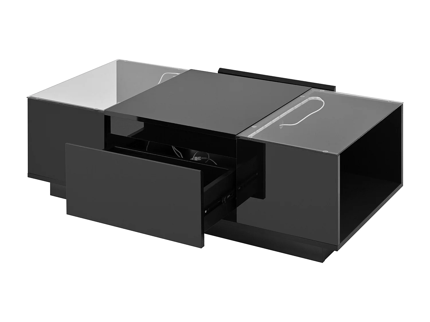 Table basse noir - Table basse avec éclairage LED et 2 tiroirs - plateau en verre