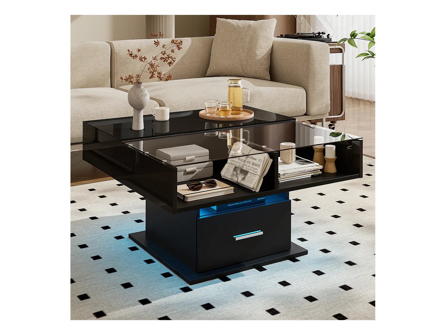 Table basse avec éclairage LED - Table basse avec hauteur réglable et un tiroir - rangement ouvert - noir