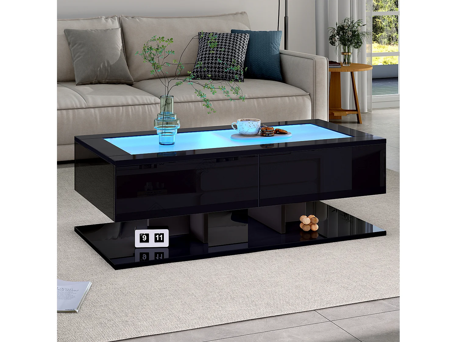 Table basse rectangulaire - Table basse avec éclairage LED et 2 tiroirs - plateau en verre - noir