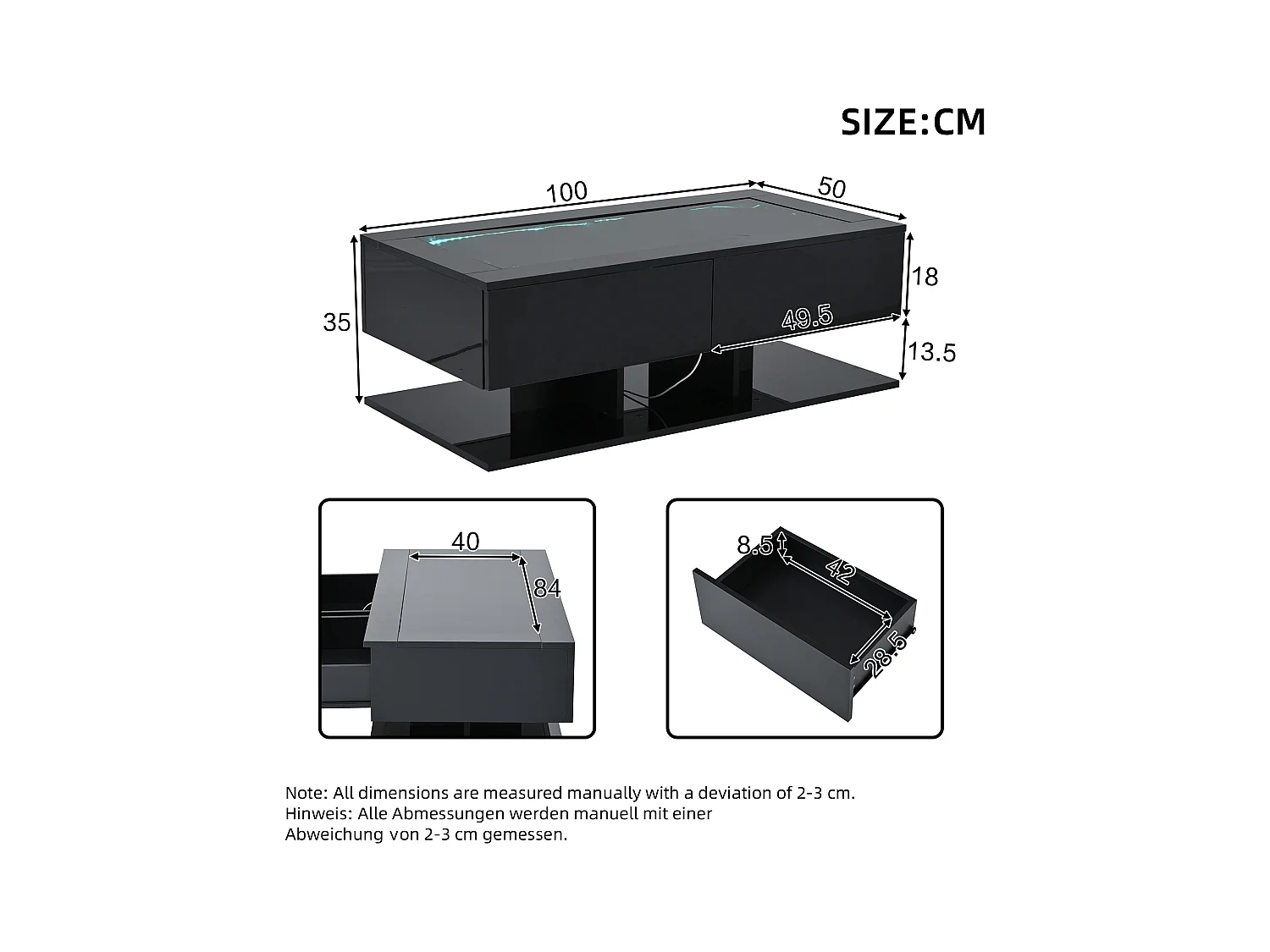 Rechthoekige salontafel - Salontafel met LED-verlichting en 2 lades - glazen blad - zwart