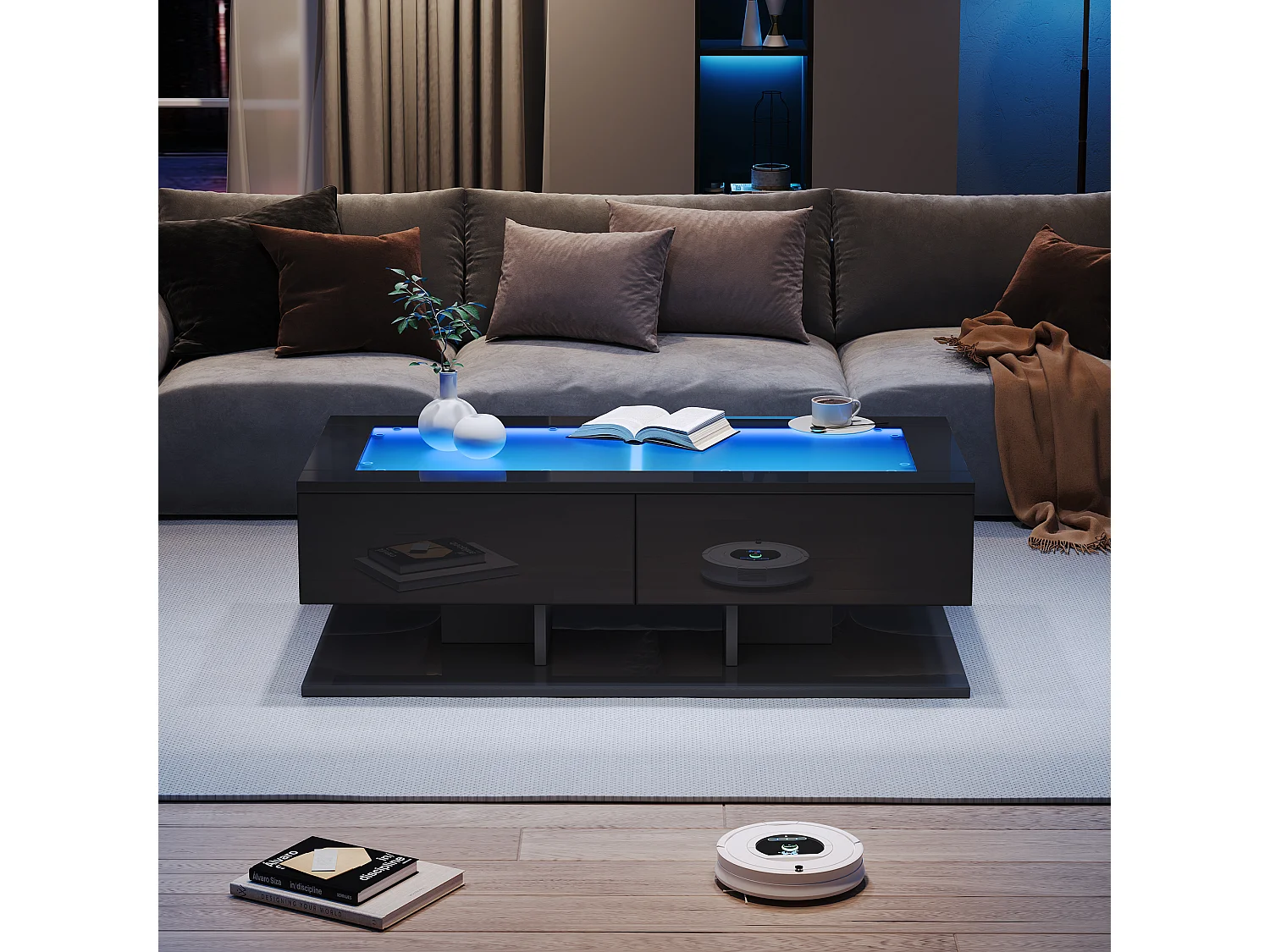Table basse rectangulaire - Table basse avec éclairage LED et 2 tiroirs - plateau en verre - noir