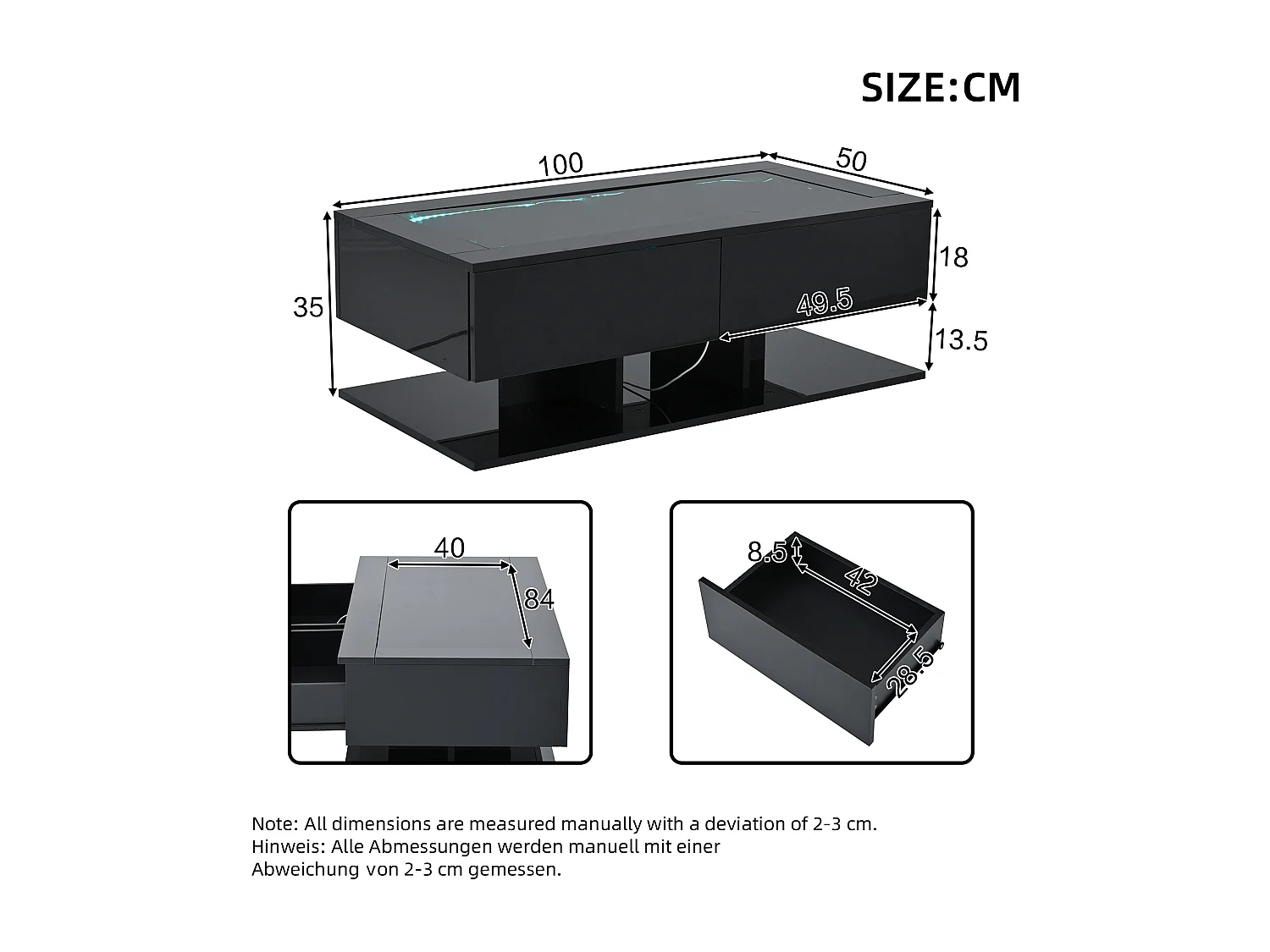 Table basse rectangulaire - Table basse avec éclairage LED et 2 tiroirs - plateau en verre - noir