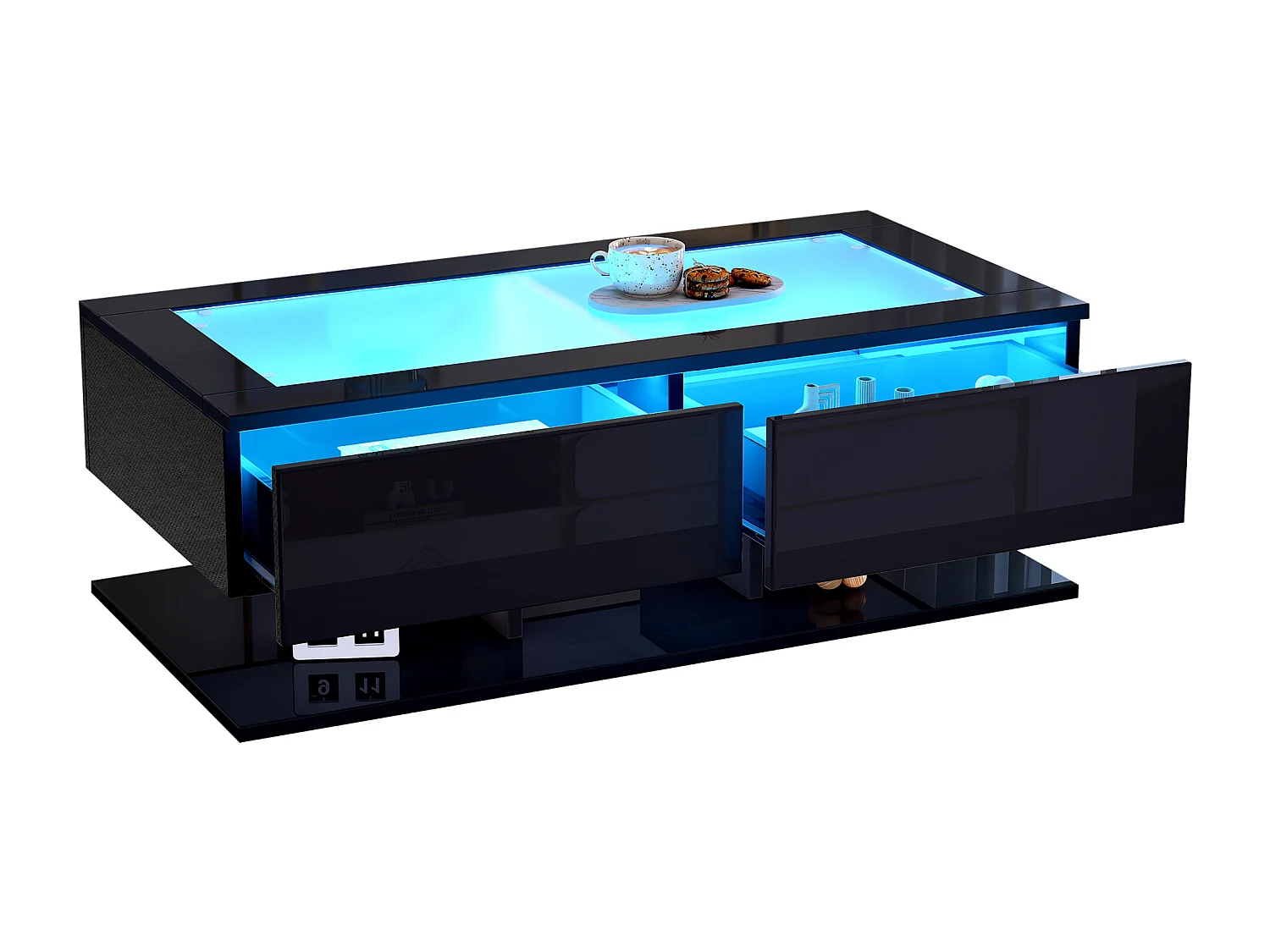 Table basse rectangulaire - Table basse avec éclairage LED et 2 tiroirs - plateau en verre - noir