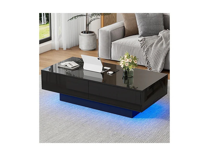 Moderne glanzende salontafel - salontafel met 2 lades en ledverlichting - zwart