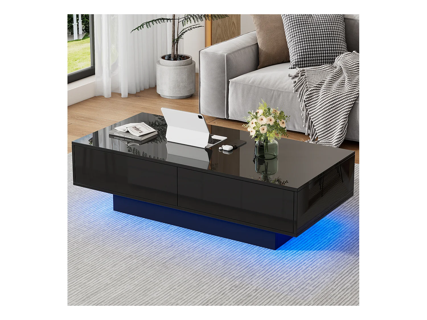 Table basse moderne brillante - Table basse avec 2 tiroirs et éclairage LED - noir