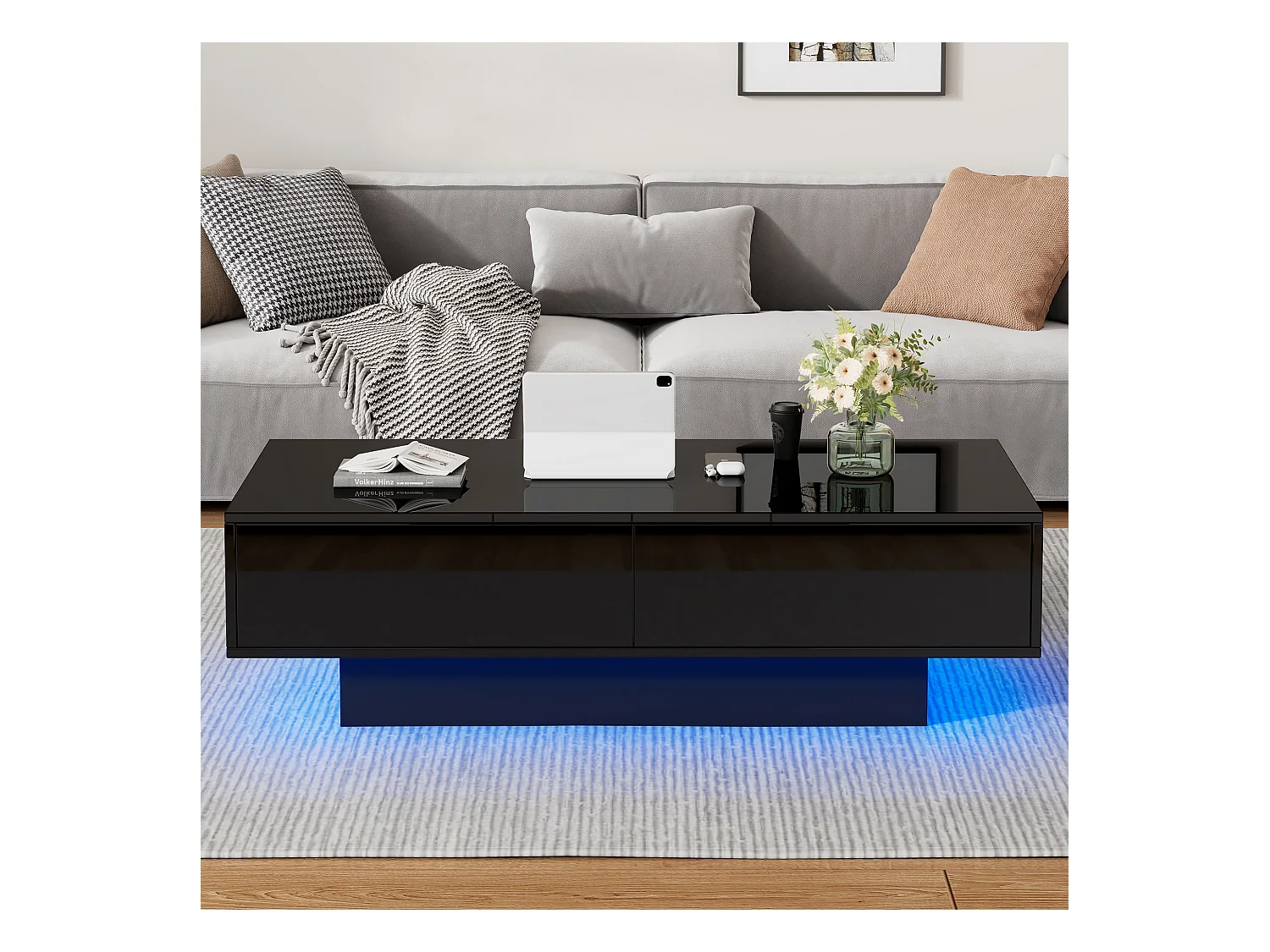 Table basse moderne brillante - Table basse avec 2 tiroirs et éclairage LED - noir