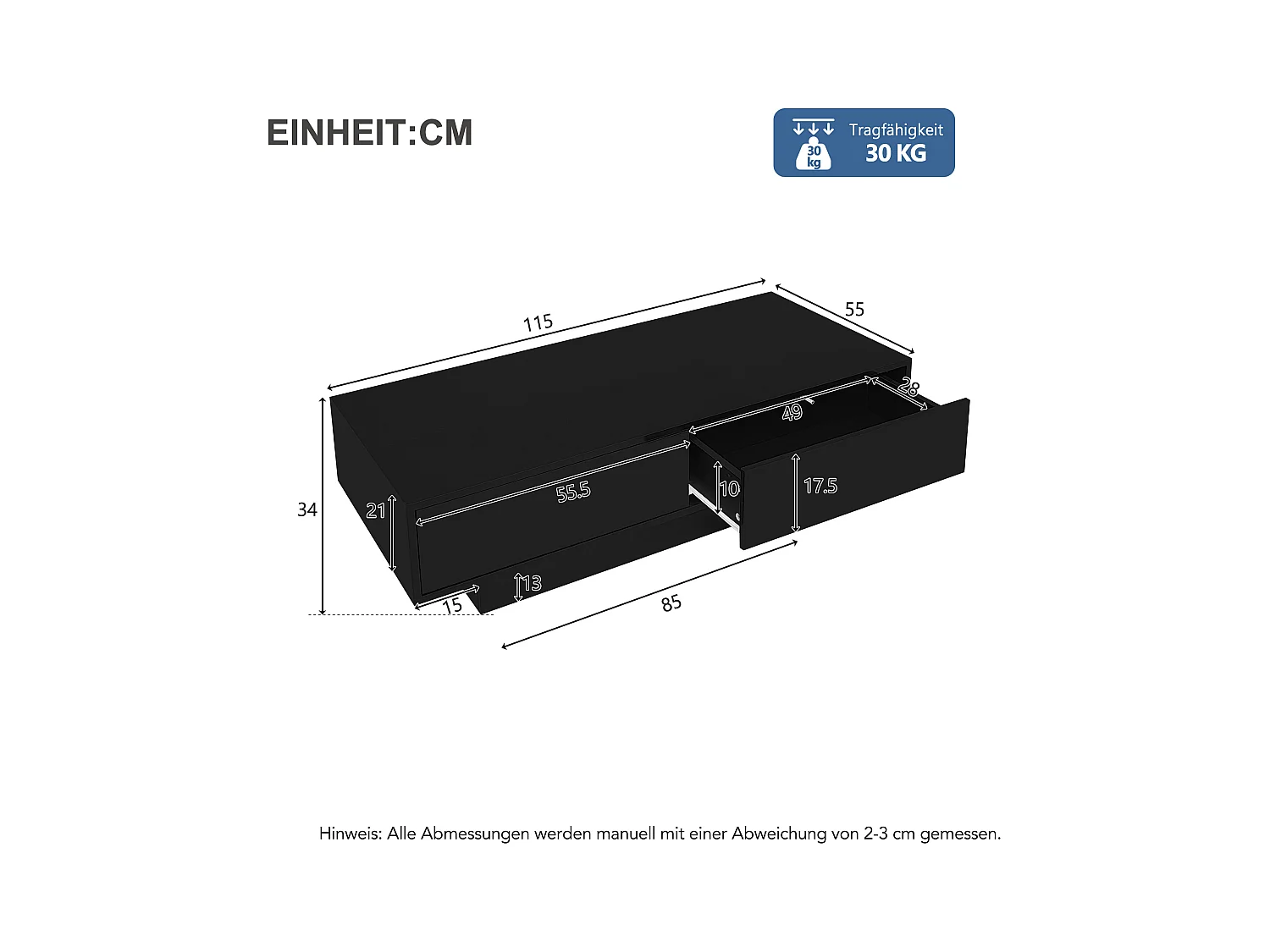Moderne glanzende salontafel - salontafel met 2 lades en ledverlichting - zwart