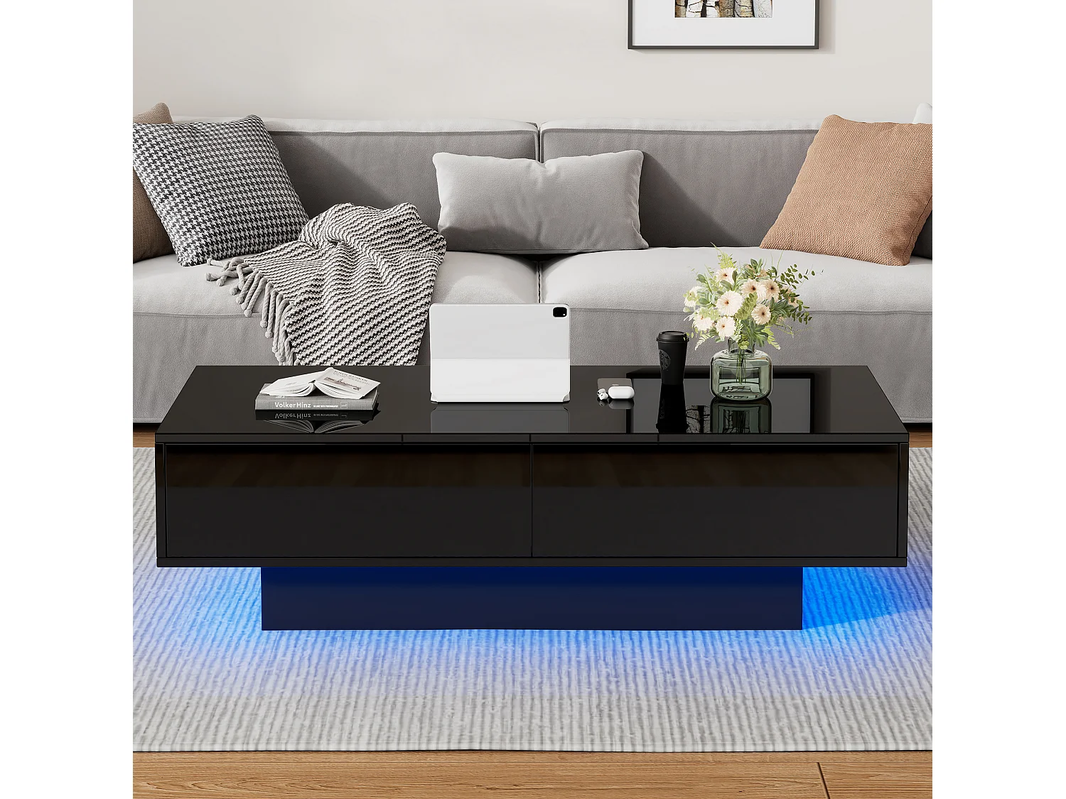 Mesa de Centro Moderna Brilhante - Mesa de Centro com 2 Gavetas e Iluminação LED - Preto