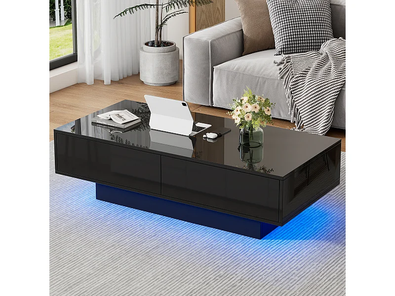 Table basse moderne brillante - Table basse avec 2 tiroirs et éclairage LED - noir
