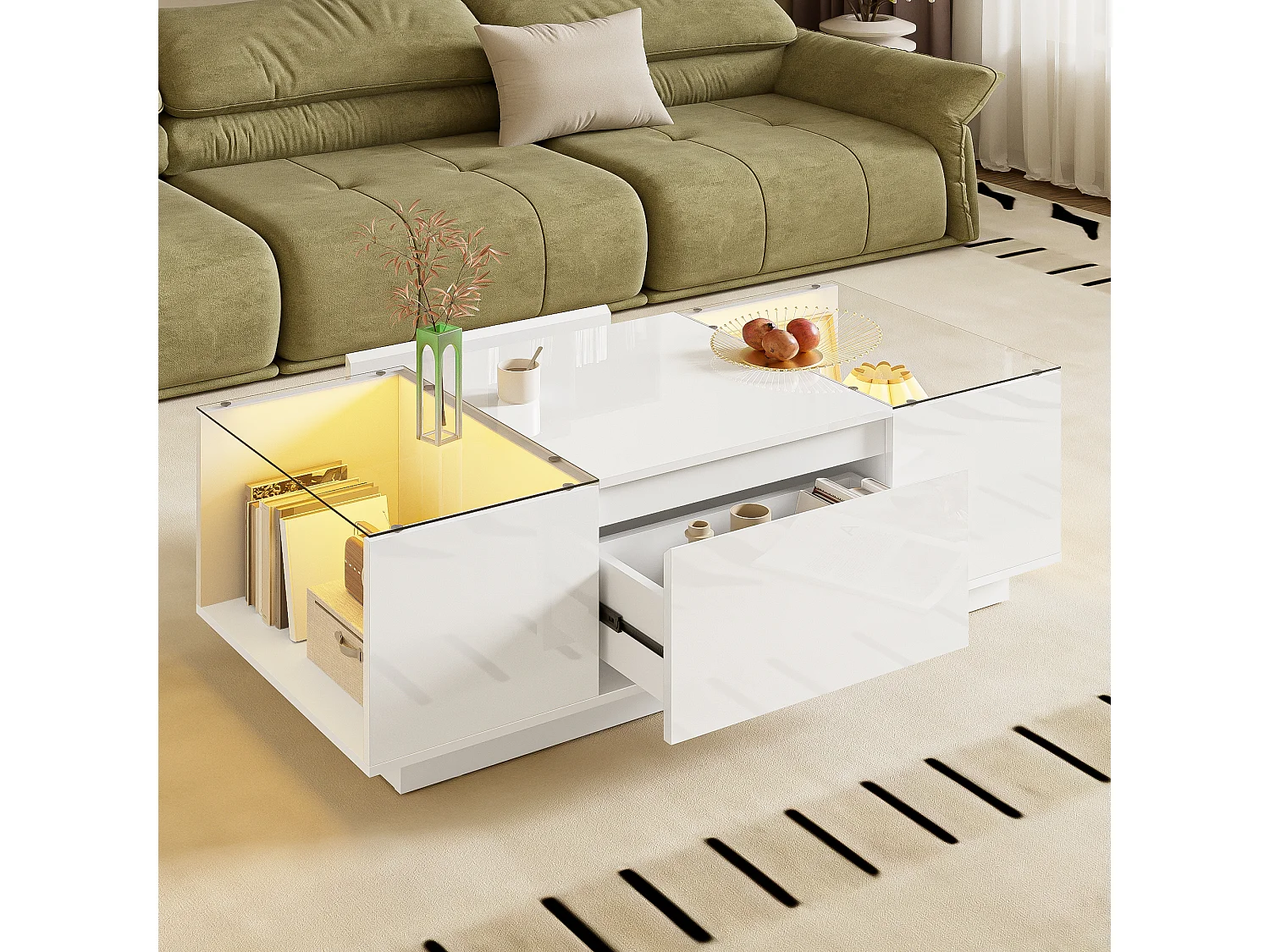 Witte salontafel - Salontafel met LED-verlichting en 2 lades - glazen blad