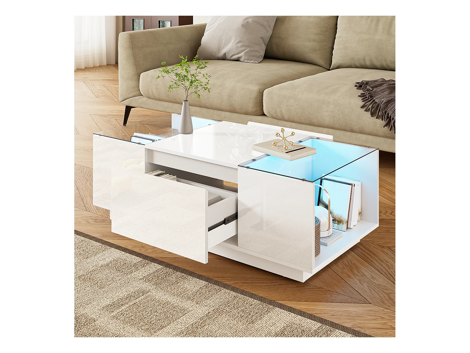 Table basse blanche - Table basse avec éclairage LED et 2 tiroirs - plateau en verre