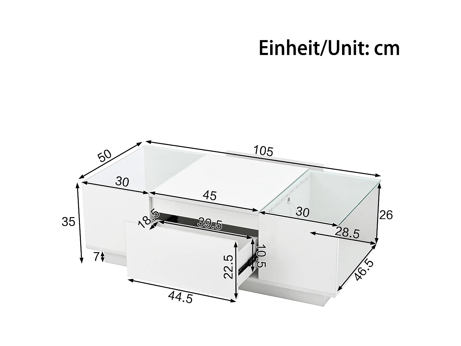 Table basse blanche - Table basse avec éclairage LED et 2 tiroirs - plateau en verre