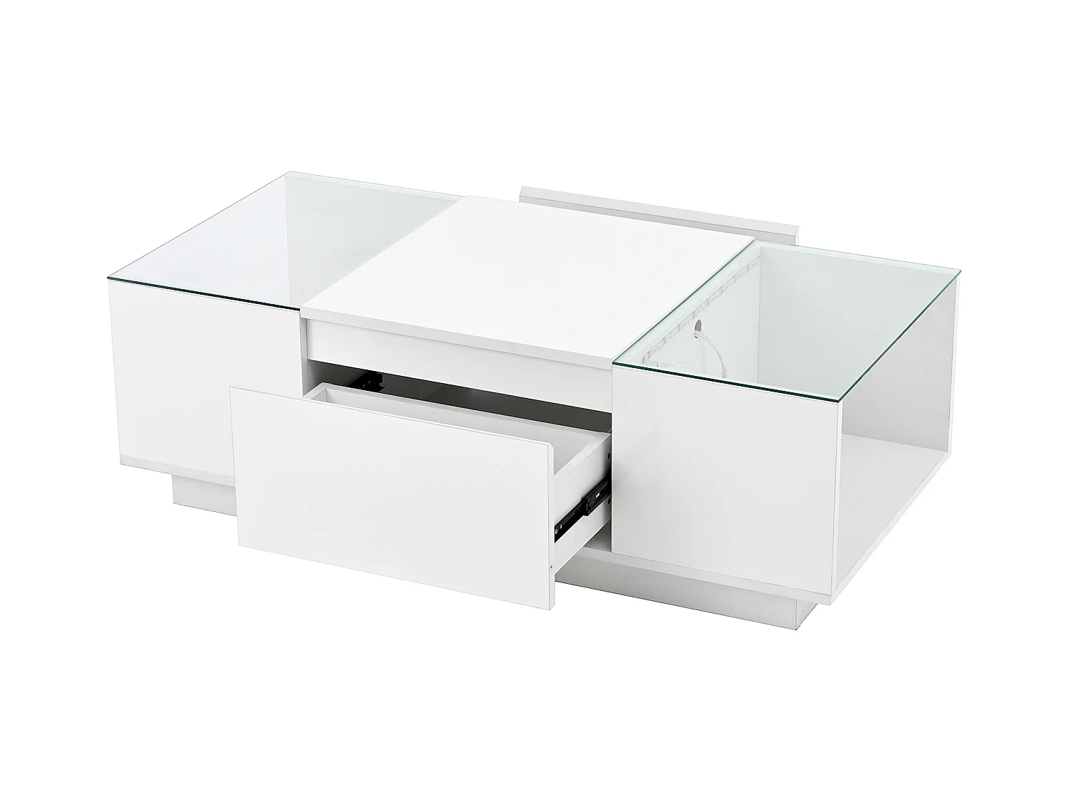Table basse blanche - Table basse avec éclairage LED et 2 tiroirs - plateau en verre