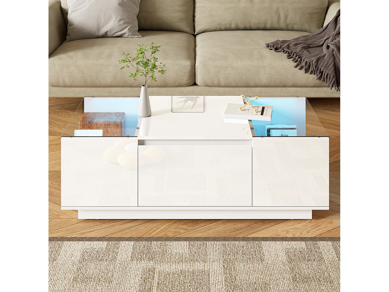 Table basse blanche - Table basse avec éclairage LED et 2 tiroirs - plateau en verre