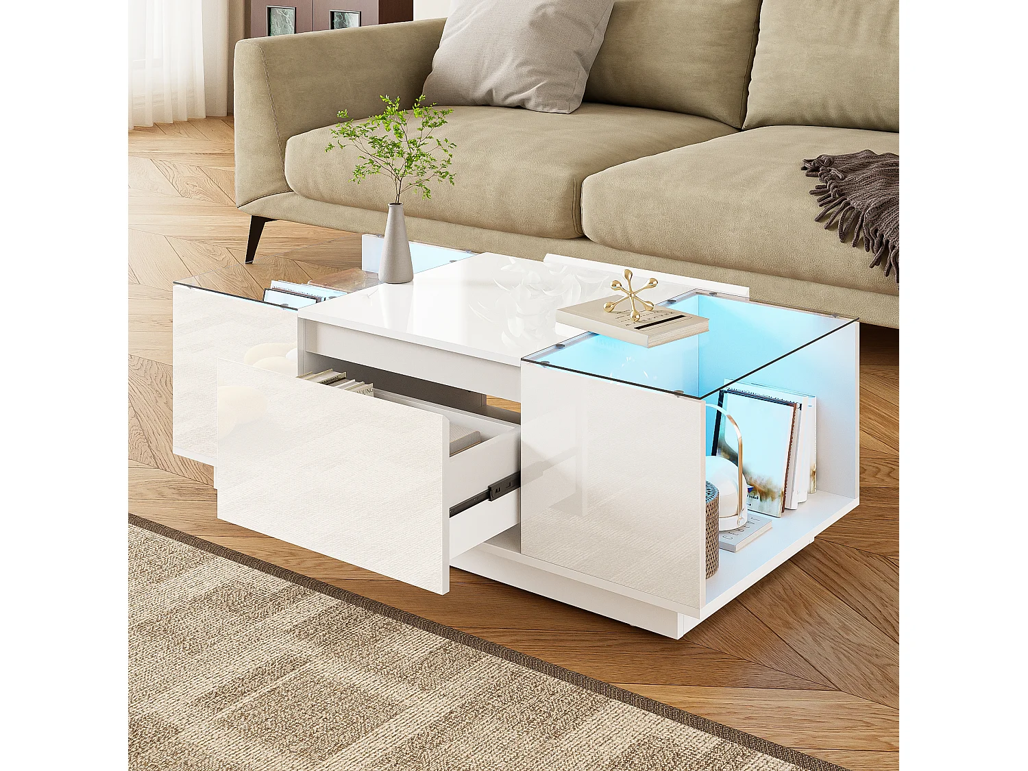 Table basse blanche - Table basse avec éclairage LED et 2 tiroirs - plateau en verre