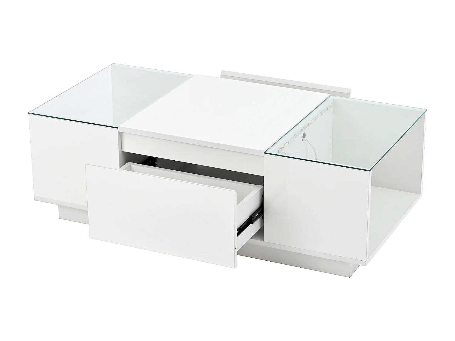 Table basse blanche - Table basse avec éclairage LED et 2 tiroirs - plateau en verre