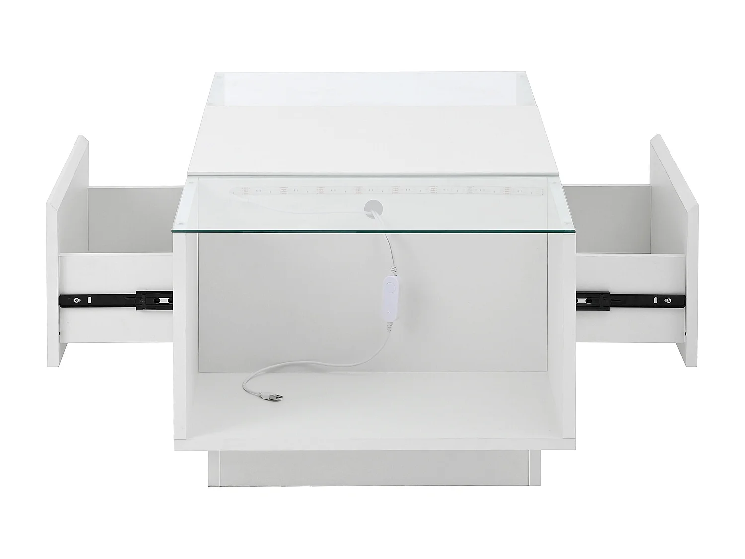 Table basse blanche - Table basse avec éclairage LED et 2 tiroirs - plateau en verre