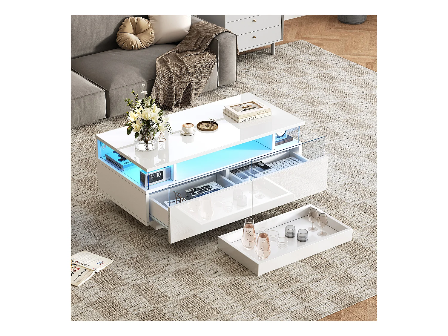 Table basse à 2 tiroirs - Table basse avec éclairage LED et plateau - table d'appoint en verre trempé - blanc