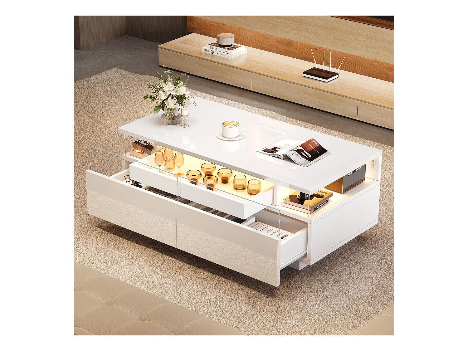 Table basse à 2 tiroirs - Table basse avec éclairage LED et plateau - table d'appoint en verre trempé - blanc