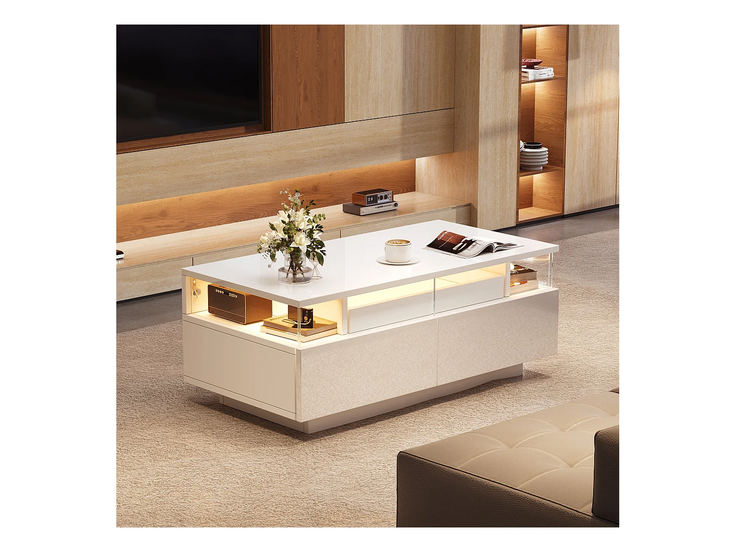 Table basse à 2 tiroirs - Table basse avec éclairage LED et plateau - table d'appoint en verre trempé - blanc