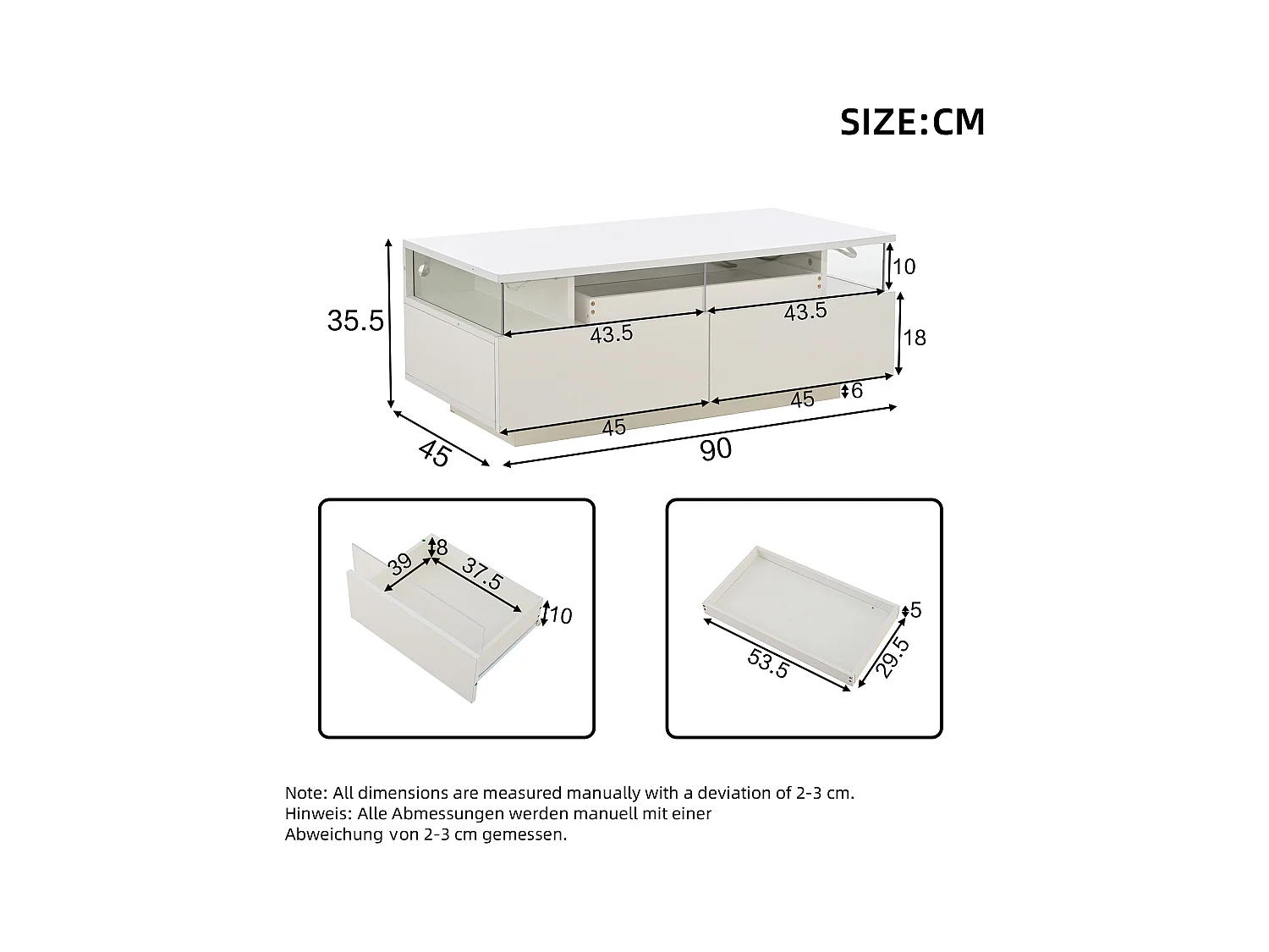 Table basse à 2 tiroirs - Table basse avec éclairage LED et plateau - table d'appoint en verre trempé - blanc