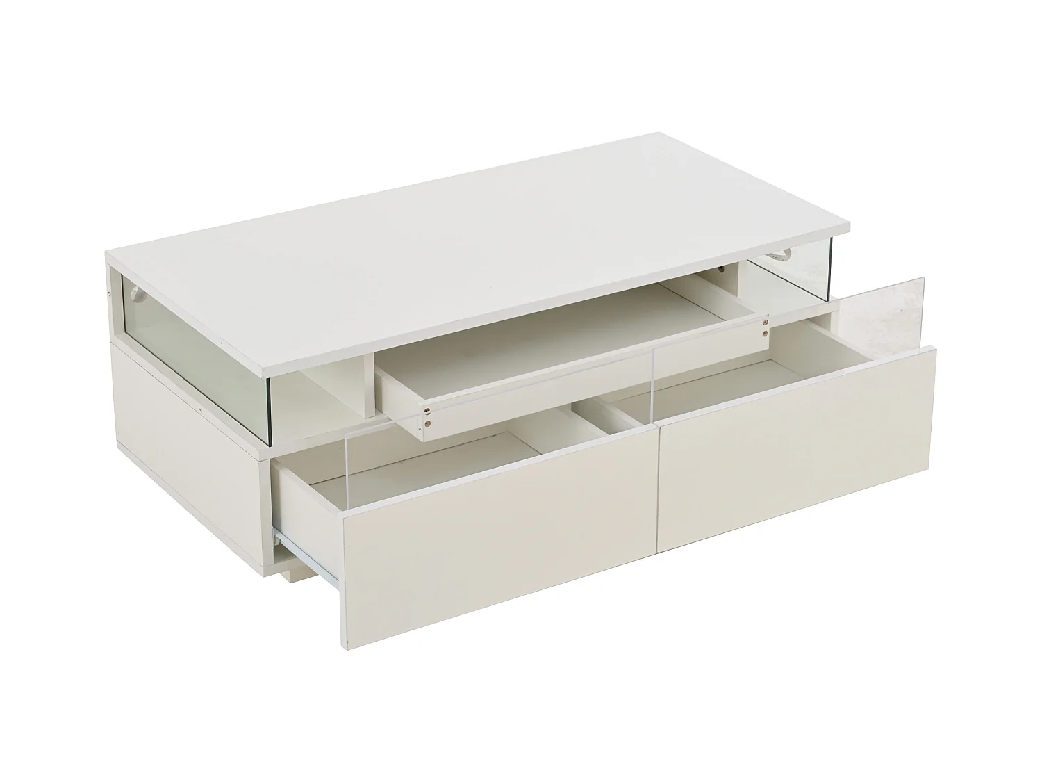 Table basse à 2 tiroirs - Table basse avec éclairage LED et plateau - table d'appoint en verre trempé - blanc