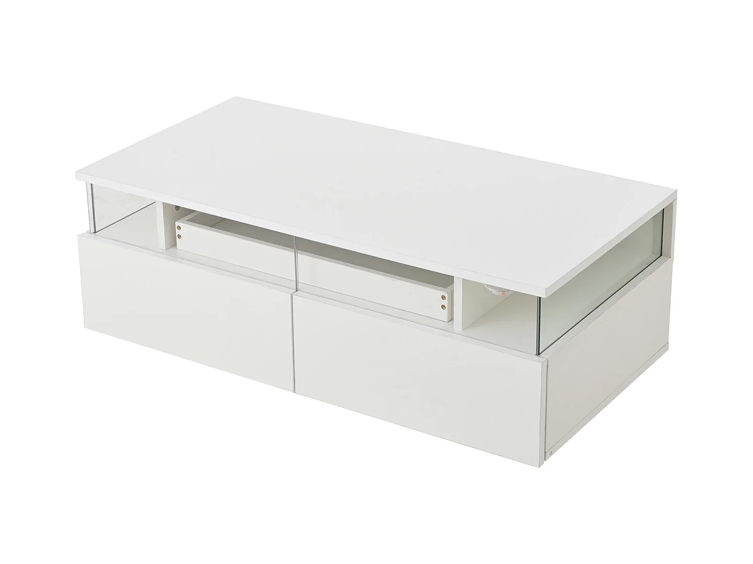 Table basse à 2 tiroirs - Table basse avec éclairage LED et plateau - table d'appoint en verre trempé - blanc