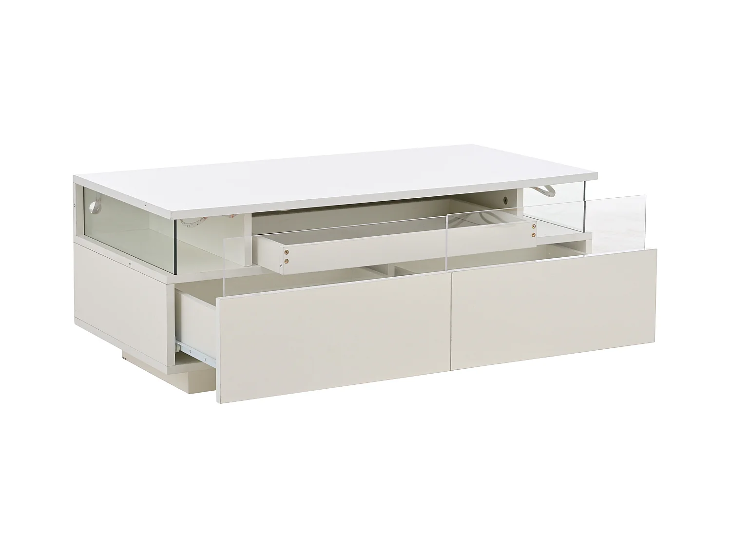 Table basse à 2 tiroirs - Table basse avec éclairage LED et plateau - table d'appoint en verre trempé - blanc